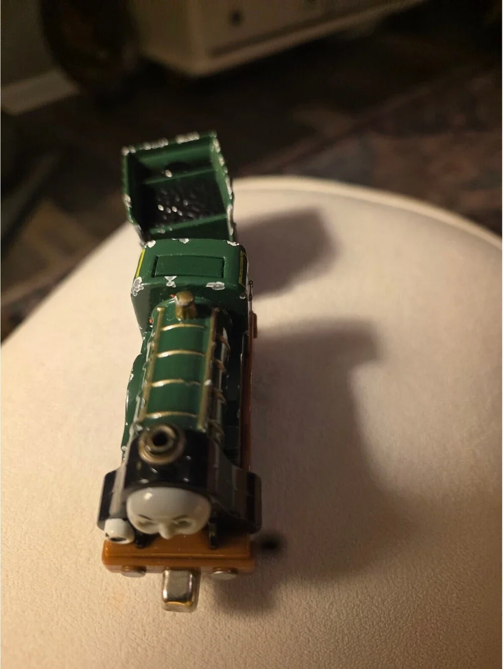 Vintage Green Toy Train Engine and Coal Car with Face Detail